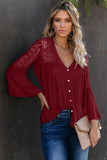 Women's Bell Sleeves V Neck Solid Shirt Bottom Down Crochet Blouse