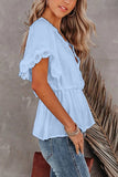 Women's Plain V Neck Short Sleeve Blouse Lace Splicing Elastic Waist Top