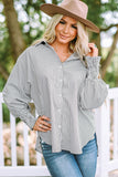 Smocked Cuffed Striped Oversized Boyfriend Shirt with Pocket