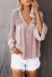 Women's Bell Sleeves V Neck Solid Shirt Bottom Down Crochet Blouse