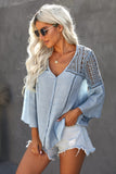 Women's Bell Sleeves V Neck Solid Shirt Bottom Down Crochet Blouse