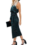 V Neck Leopard Print Midi Dress With Belt Green