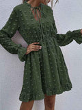 Swiss Dot Bell Sleeve Ruffle Neck Dress