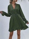 Swiss Dot Bell Sleeve Ruffle Neck Dress