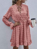 Swiss Dot Bell Sleeve Ruffle Neck Dress