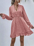 Swiss Dot Bell Sleeve Ruffle Neck Dress