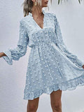 Swiss Dot Bell Sleeve Ruffle Neck Dress