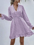 Swiss Dot Bell Sleeve Ruffle Neck Dress