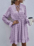 Swiss Dot Bell Sleeve Ruffle Neck Dress