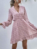 Swiss Dot Bell Sleeve Ruffle Neck Dress