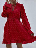 Swiss Dot Bell Sleeve Ruffle Neck Dress