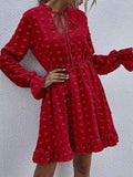 Swiss Dot Bell Sleeve Ruffle Neck Dress