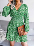 Puff Long Sleeve Floral Print Smocked Mini Dress