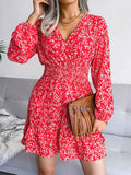 Puff Long Sleeve Floral Print Smocked Mini Dress