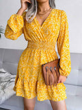 Puff Long Sleeve Floral Print Smocked Mini Dress