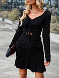 Long Sleeve Ruched Drawstring top Ruffle Mini Dress