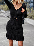 Long Sleeve Ruched Drawstring top Ruffle Mini Dress