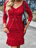 Long Sleeve Ruched Drawstring top Ruffle Mini Dress