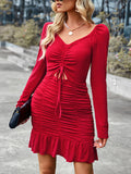 Long Sleeve Ruched Drawstring top Ruffle Mini Dress