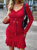 Long Sleeve Ruched Drawstring top Ruffle Mini Dress