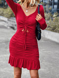 Long Sleeve Ruched Drawstring top Ruffle Mini Dress