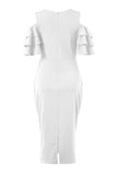 V Neck Cold Shoulder Ruffle Plain Bodycon Midi Clubwear Dress White