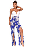 Notch Neck Feather Print High Split Jumpsuit Blue