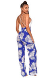 Notch Neck Feather Print High Split Jumpsuit Blue