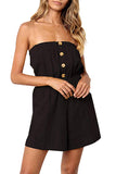 Summer Solid Button Bandeau Romper With Pocket Black