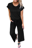 Short Sleeve Pocket Plain Wide Leg Jumpsuit Black