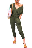 V Neck Faux Wrap Pocket Jogger Jumpsuit Olive