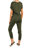 V Neck Faux Wrap Pocket Jogger Jumpsuit Olive