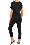 Casual V Neck Wrap Front Drawstring Jumpsuit Black