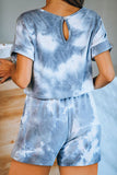 Crew Neck Short Sleeve Drawstring Tie Dye Romper For Women Blue