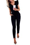 V Neck Solid Ruffle Sleeve Skinny Jumpsuit With Belt Black