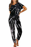 Short Sleeve Drawstring Tie Dye Jumpsuit With Pocket Black