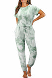 Tie Dye Short Sleeve Cut Out Drawstring Pocket Jumpsuit Green