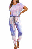 Short Sleeve Drawstring Tie Dye Loose Jumpsuit With Pocket Purple