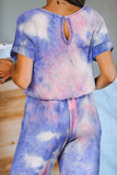 Short Sleeve Drawstring Tie Dye Loose Jumpsuit With Pocket Purple