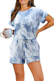 Casual Short Sleeve Crew Neck Tie Dye Romper Blue