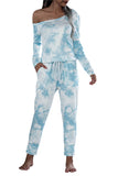 Long Sleeve Off Shoulder Tie Dye Jumpsuit Blue