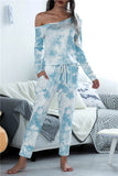 Long Sleeve Off Shoulder Tie Dye Jumpsuit Blue