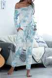 Long Sleeve Off Shoulder Tie Dye Jumpsuit Blue