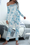 Long Sleeve Off Shoulder Tie Dye Jumpsuit Blue