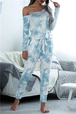 Long Sleeve Off Shoulder Tie Dye Jumpsuit Blue