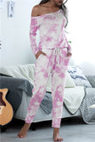 Casual Long Sleeve Pocket Tie Dye Jumpsuit Pink