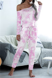 Casual Long Sleeve Pocket Tie Dye Jumpsuit Pink