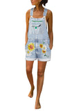 Women's Casual Floral Bib Short Overalls With Pocket Light Blue