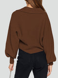 Lapel Collar V Neck Bishop Sleeve Ribbed Knit Baggy Crop Sweater