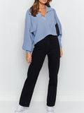Lapel Collar V Neck Bishop Sleeve Ribbed Knit Baggy Crop Sweater
